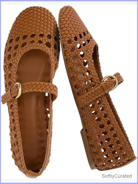 Shoes - Woven Mary Jane Flats with Adjustable Strap – Cushioned Ballet Flats for Women